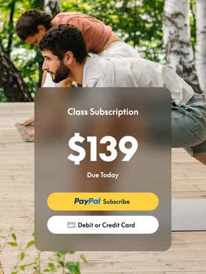 Two men doing yoga with a PayPal Subscribe button overlay